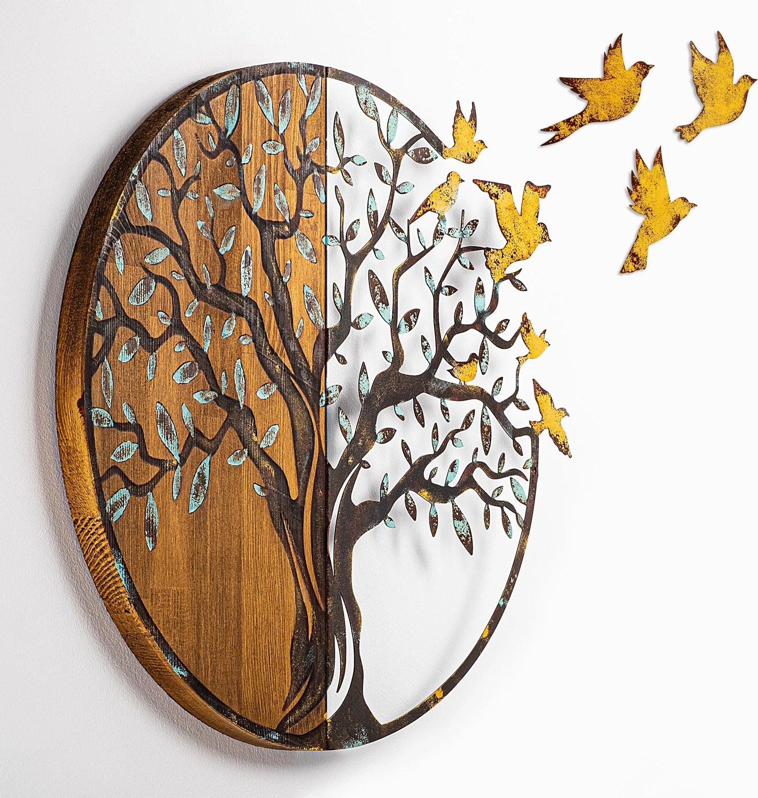 Aksesor dekorativ prej druri për mur, pemë dhe zogj, Wallity, 322-A