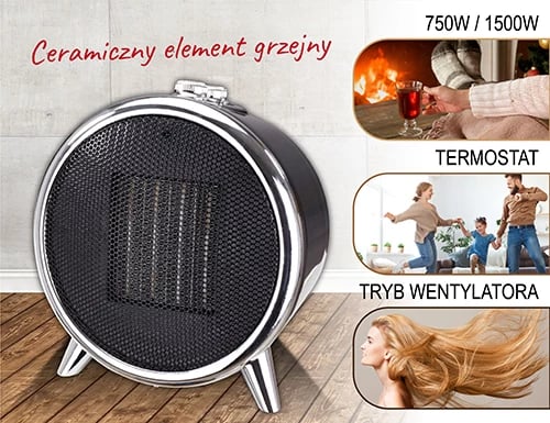 Ngrohës qeramik me ventilator, Adler, AD 7742, 1500W (2 nivele) me termostat, zi & argjendtë