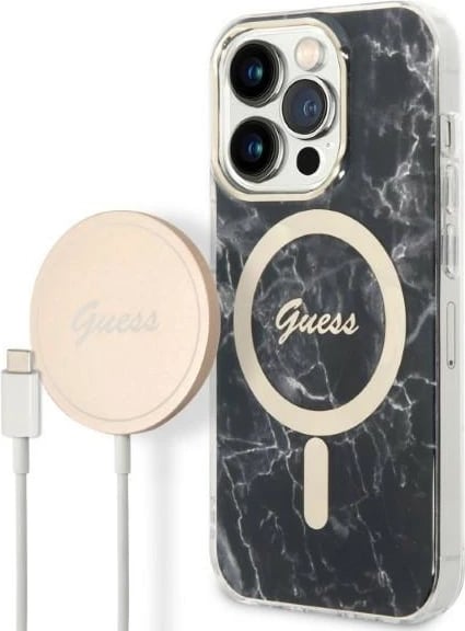 Set mbështjellës Guess Marble Collection me karikues wireless MagSafe për iPhone 14 Pro Max, 6.7", zi/artë