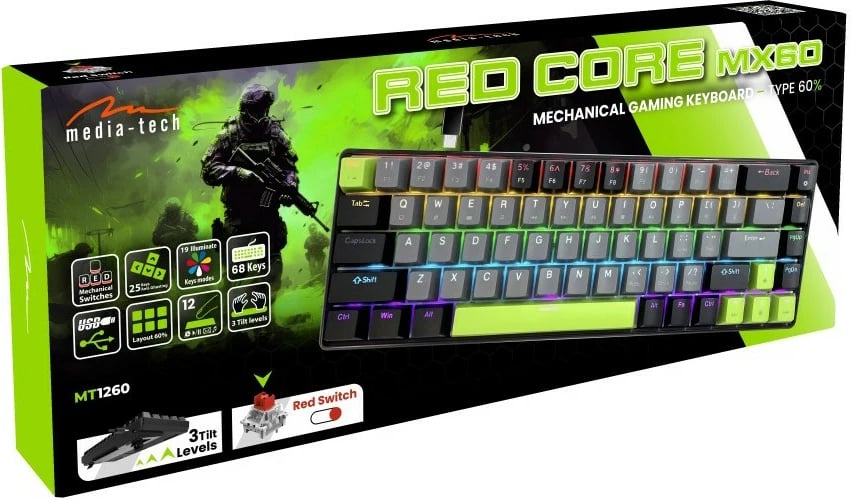 Tastierë mekanike gaming Media-Tech Red Core MX60 MT1260 60% USB-C me RGB, e zezë/gri/e gjelbër
