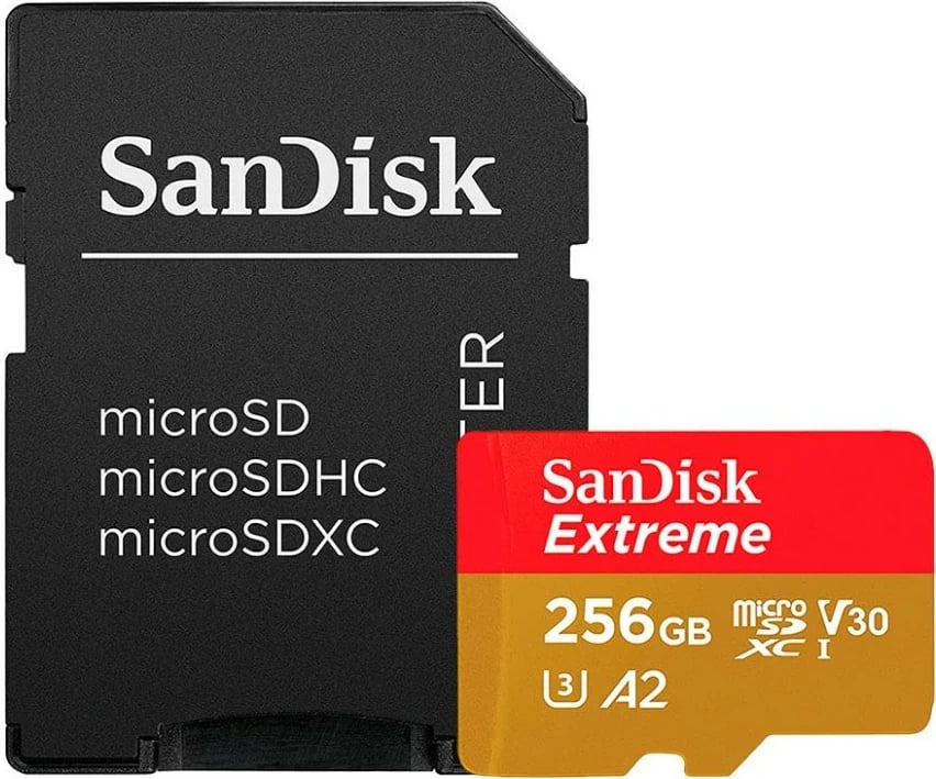 Kartelë microSD SanDisk Extreme Plus 256GB me adapter, e kuqe/verdhe