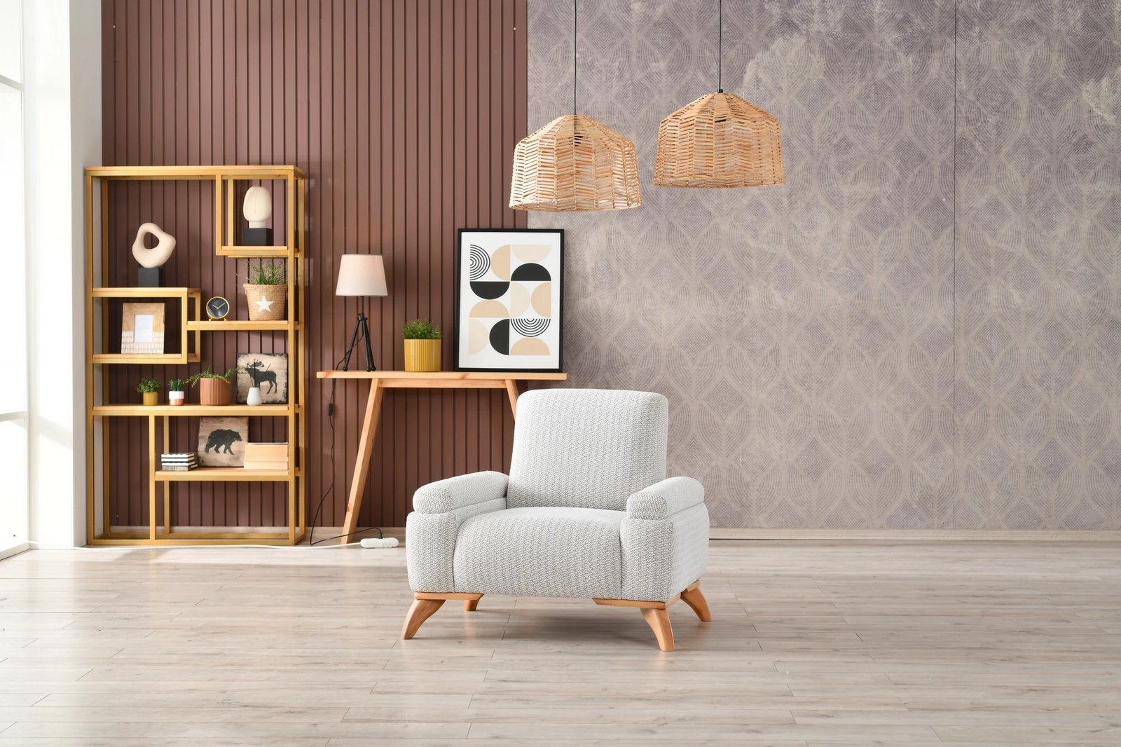 Karrige një vendëshe Zena, kadife, ngjyrë gri dhe kafe