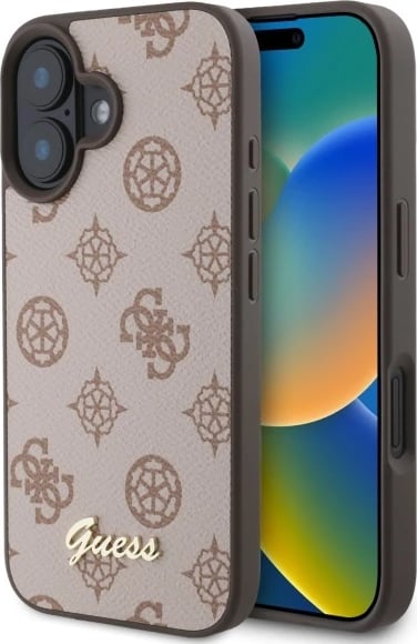 Mbështjellës Guess Peony Script MagSafe për iPhone 16, Kafe