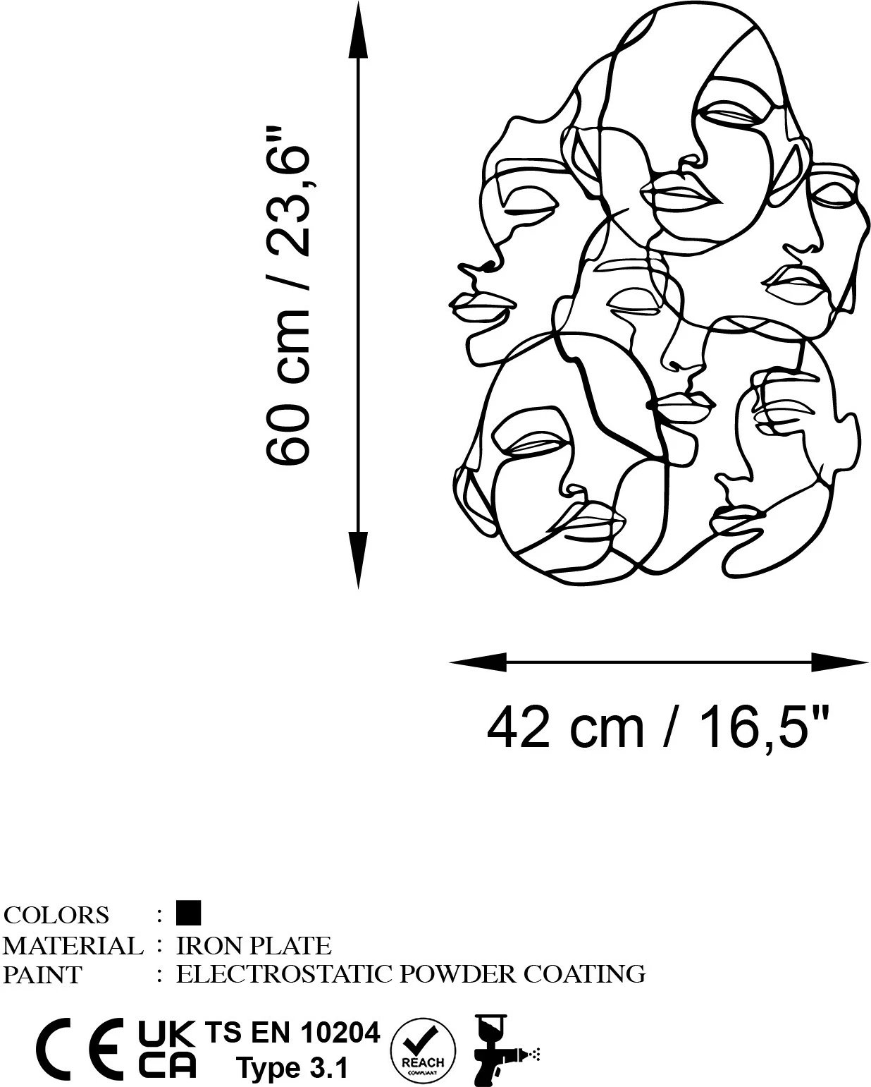 Aksesori dekorativ metalik për mur, Wallity Facce-1, ngjyrë e zezë, 42x60cm