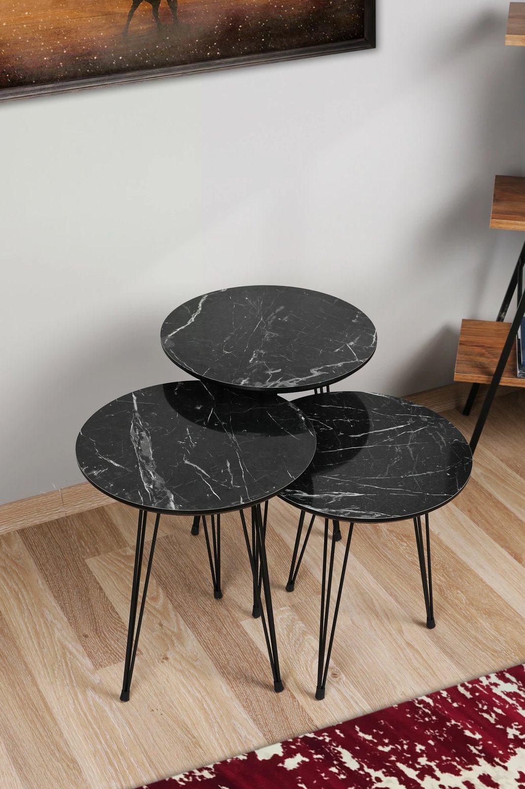 Set tavolinash ndihmëse, model mermeri i zi, 3 copë, Hanah Home