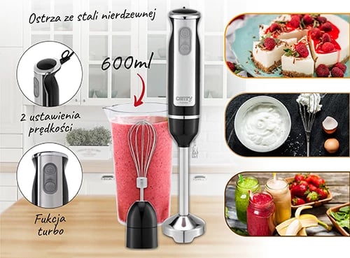 Blender dore, Adler CR 4621, 600W (1000W max), 2 shpejtësi me TURBO, gotë 600ml, shtojcë çelik inox dhe rrahëse, mini set 2‑në‑1, e zezë Blender dore, Adler CR 4621, 600W (1000W max), 2 shpejtësi me TURBO, gotë 600ml, shtojcë çelik inox dhe rrahëse, mini set 2‑në‑1, e zezë