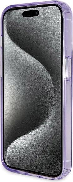 Mbështjellës Guess Ring Stand Script Glitter MagSafe për iPhone 14 Pro, vjollcë