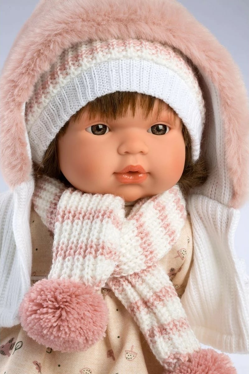 Kukull Lola Llorens 38 cm, trup i butë, veshje rozë