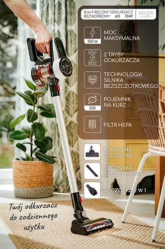 Fshesë me korrent pa qese, Adler AD 7048, pa kabllo, motor brushless, Dual Cyclone, 0.8L, 200W (350W max), LED ekran, 2 moda, bateri 2000mAh, e bardhë/zezë/e kuqe Fshesë me korrent pa qese, Adler AD 7048, pa kabllo, motor brushless, Dual Cyclone, 0.8L, 200W (350W max), LED ekran, 2 moda, bateri 2000mAh, e bardhë/zezë/e kuqe