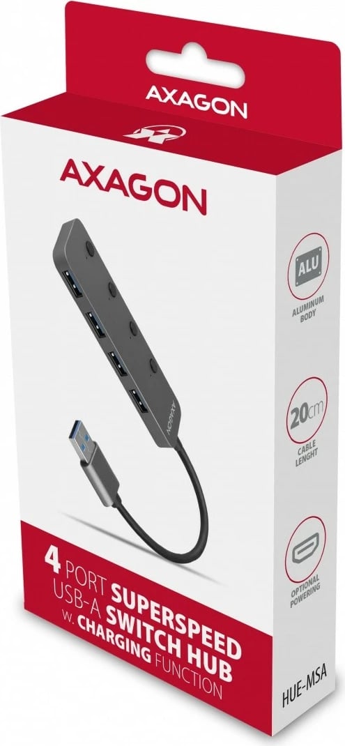 Hub USB AXAGON HUE-MSA, 4 porta, USB 3.2 Gen 1, metal, 20cm, Gri