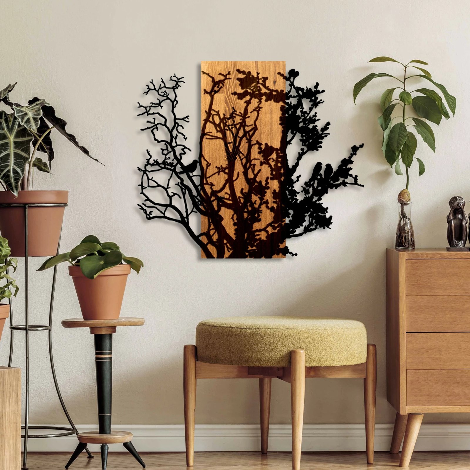 Aksesor dekorativ muri prej druri, Wallity, motiv bari të thatë, ngjyrë arre/zezë, 68x58cm