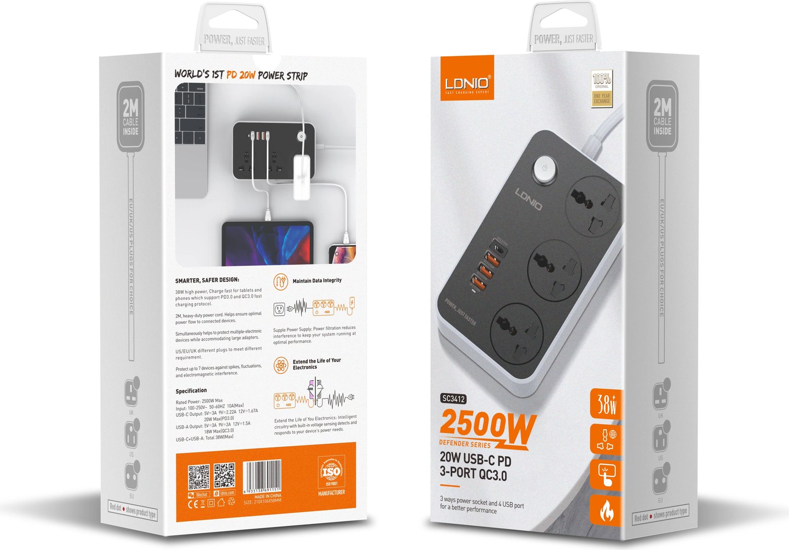 Prizë E Rrymës Me Kabëll 2 Metra LDNIO SC3412 Prizë E Rrymës Me Kabëll 2 Metra LDNIO SC3412