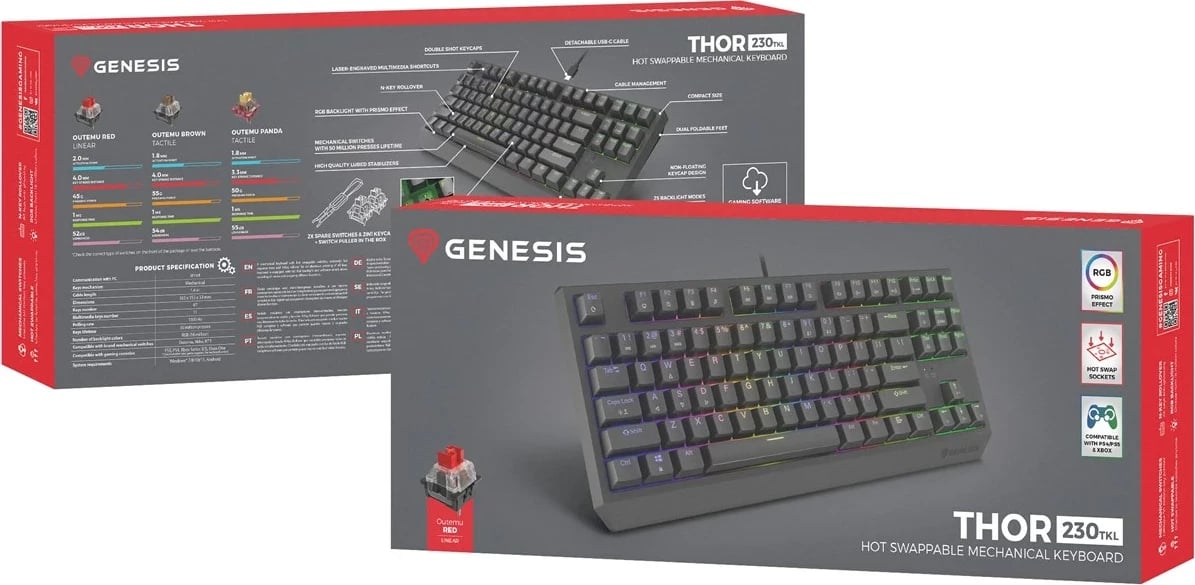 Tastierë mekanike GENESIS Thor 230 TKL, QWERTY, RGB, Wireless + Bluetooth, e zezë Tastierë mekanike GENESIS Thor 230 TKL, QWERTY, RGB, Wireless + Bluetooth, e zezë