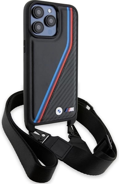 Mbështjellës BMW M Edition Carbon Tricolor Lines & Strap për iPhone 15 Pro, i zi