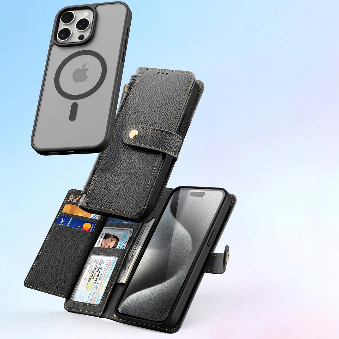Mbështjellës Dux Ducis Lawa për iPhone 15 Pro Max, lëkurë, me portofol magnetik, i zi