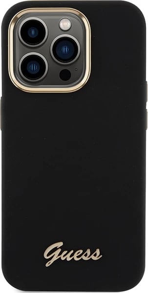 Mbështjellës Guess Silicone Script Metal Logo & Frame për iPhone 15 Pro Max, i zi