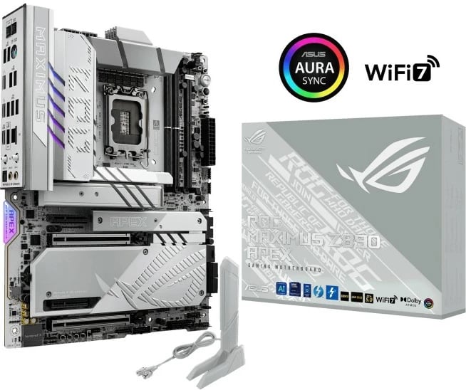Pllakë amë, Asus ROG Maximus Z890 Apex, LGA1851, Intel Z890, ATX, 2x DDR5, PCIe 5.0 x16, Thunderbolt 4, Wi‑Fi 7, argjendtë gri