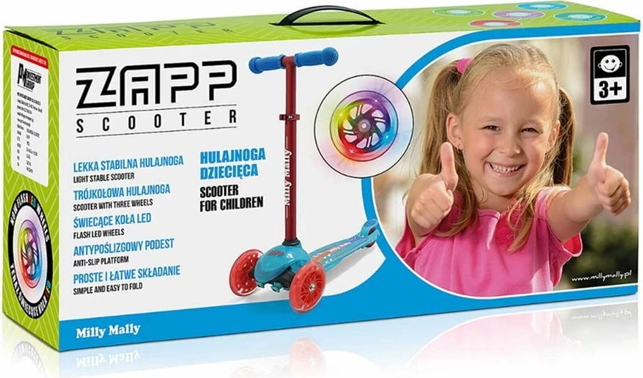 Trotinet, Milly Mally, Zapp, 3 rrota, drita LED në rrotat e përparme, timon i rregullueshëm 61/66 cm, deri 50 kg, gri