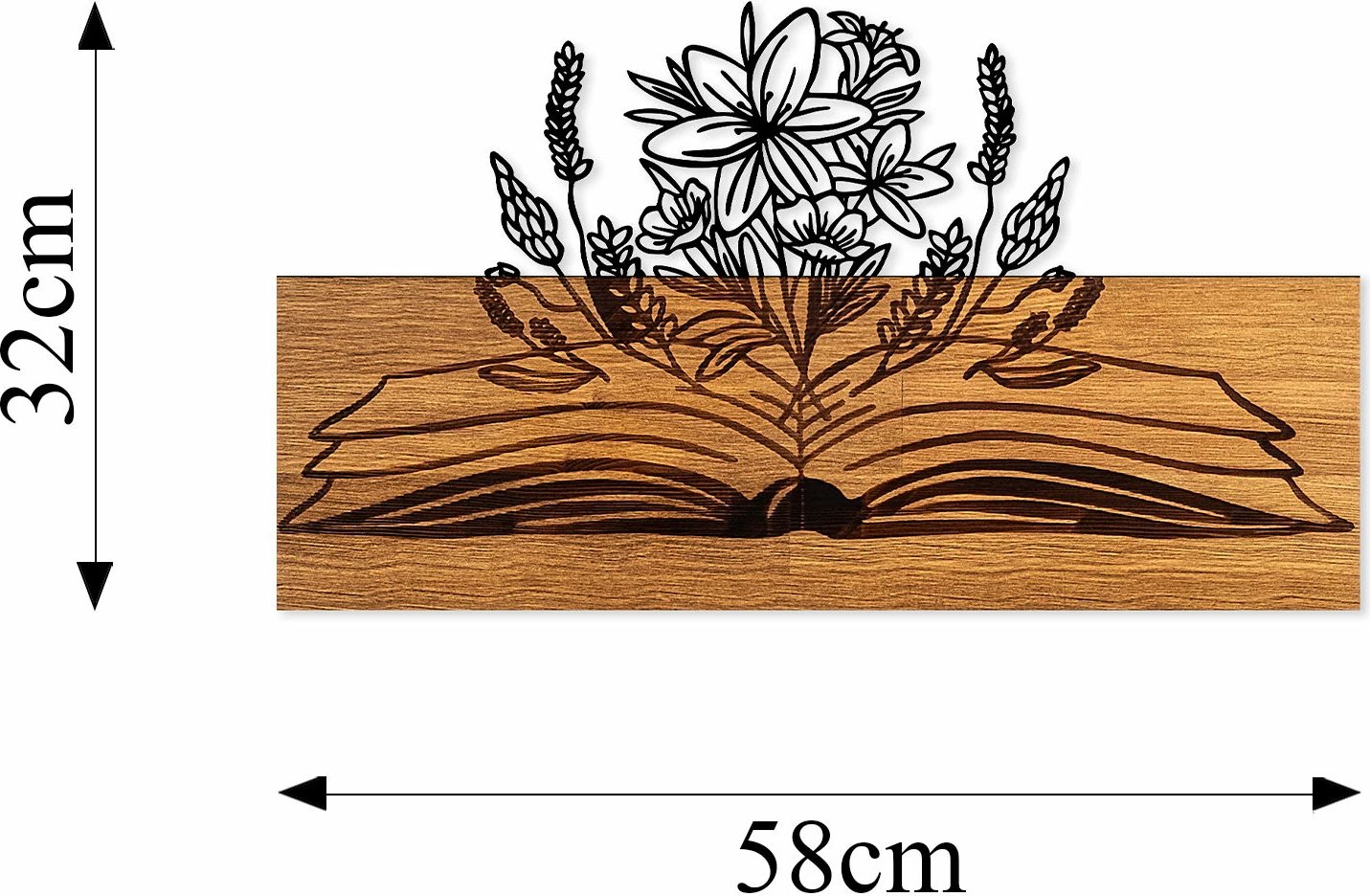 Aksesor dekorativ për mur, dru dhe metal, lule nga libër, ngjyrë arre dhe e zezë, 33x58cm