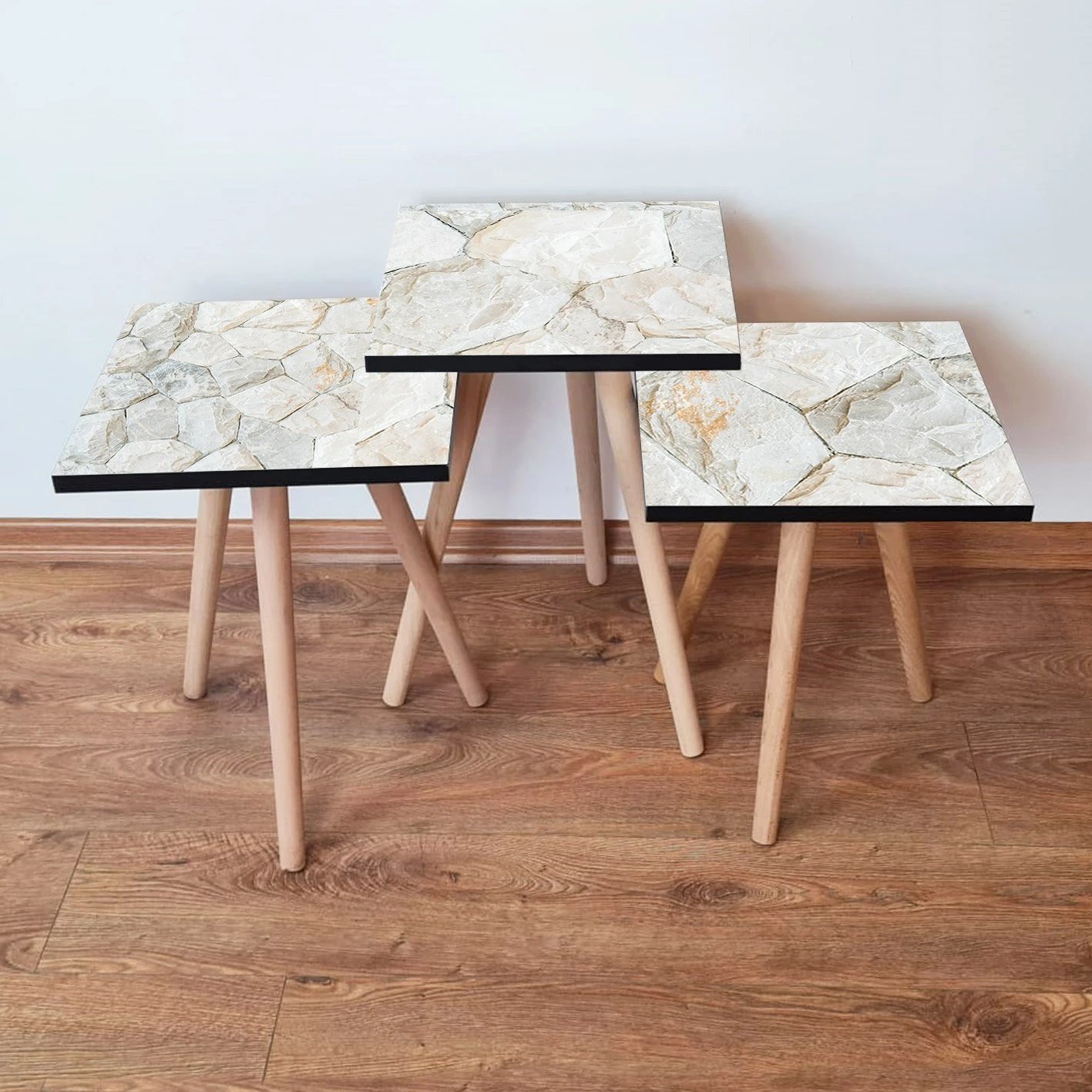 Set tavolinash ndihmëse (3 copë), Skye Decor, 3Shp390, ngjyrë e bardhë dhe bezhë