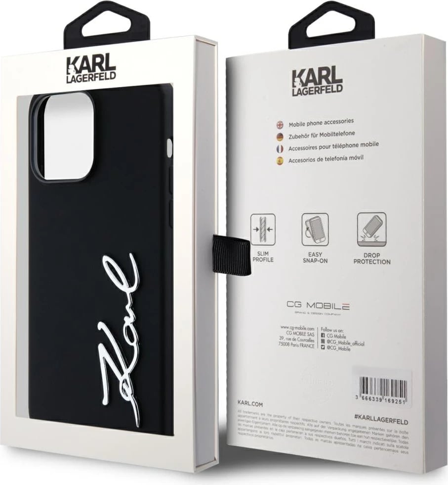 Mbështjellës Karl Lagerfeld Silicone Metal Script Logo për iPhone 14 Pro Max, i zi