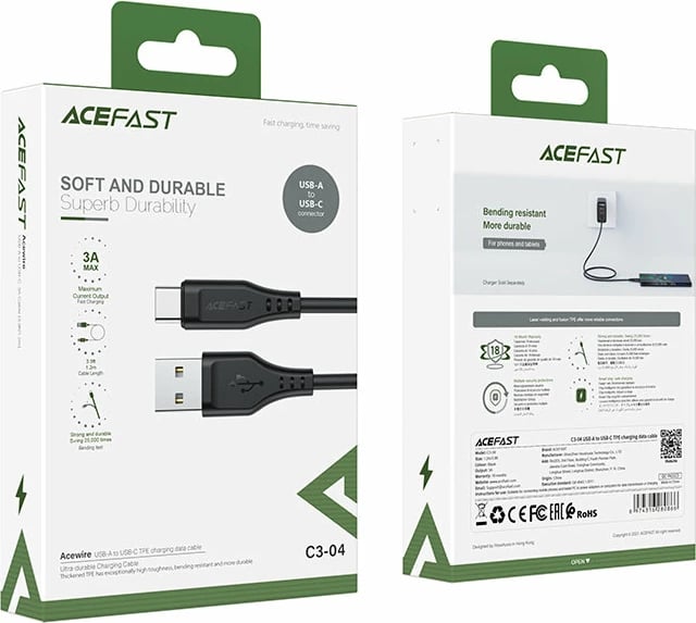 Kabllo USB Acefast C3-04, 1.2m, 3A, e zezë