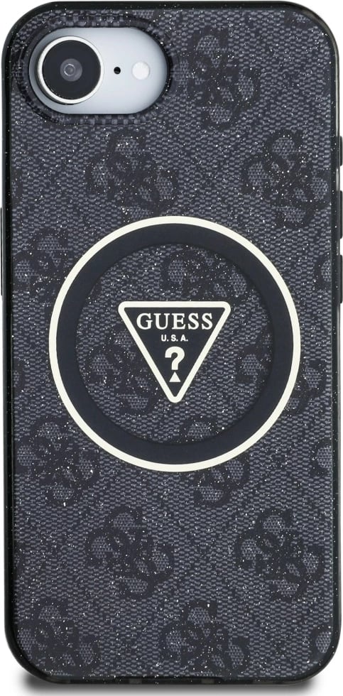 Mbështjellës Guess IML Metal Glitter 4G Circle Triangle MagSafe për iPhone 16e, i zi