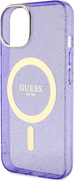 Mbështjellës Guess Glitter Gold MagSafe për iPhone 14, Violet