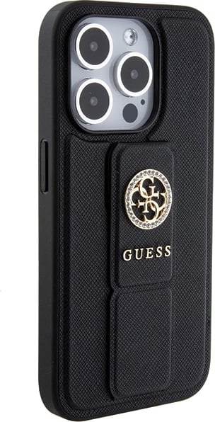 Mbështjellës Guess Grip Stand 4G Saffiano Strass për iPhone 15 Pro Max, i zi