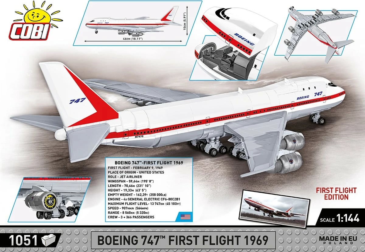 Set ndërtimi Cobi Boeing 747 First Flight 1969, 1051 pjesë, plastikë, ekstra i madh