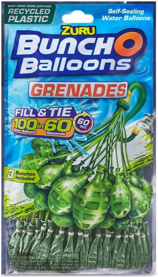Balona uji ZURU Bunch O Balloons Grenades, 100 copë, e gjelbër, set prej 3 tufash
