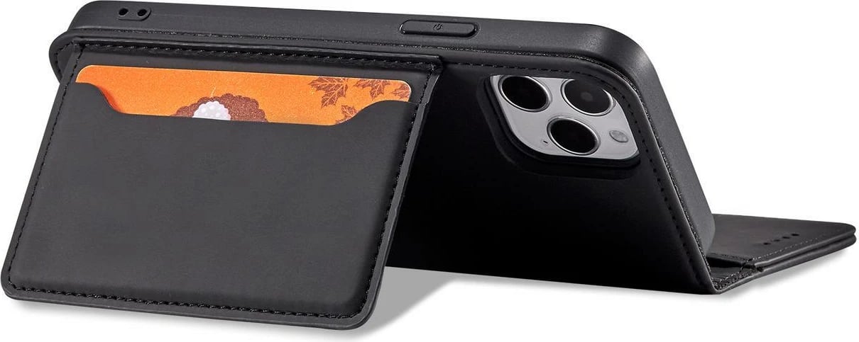 Mbështjellës Hurtel Magnet Card Case për iPhone 12, me portofol dhe mbajtëse, e zezë