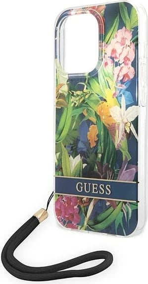 Mbështjellës Guess Flower Strap për iPhone 14 Pro Max 6.7", me varëse, Blu