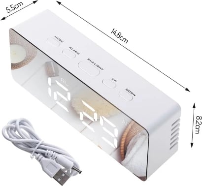 Orë me alarm, Adler AD 1189, ekran LED, shfaqje temperature dhe date, ndriçim i rregullueshëm, USB/3xAAA, e bardhë