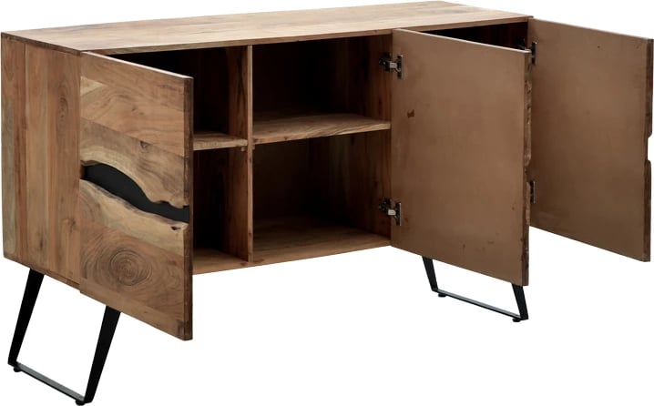 Komodë Imena, dru akacie i fortë, ngjyrë natyrale, këmbë metalike të zeza, 148x43.5x86cm