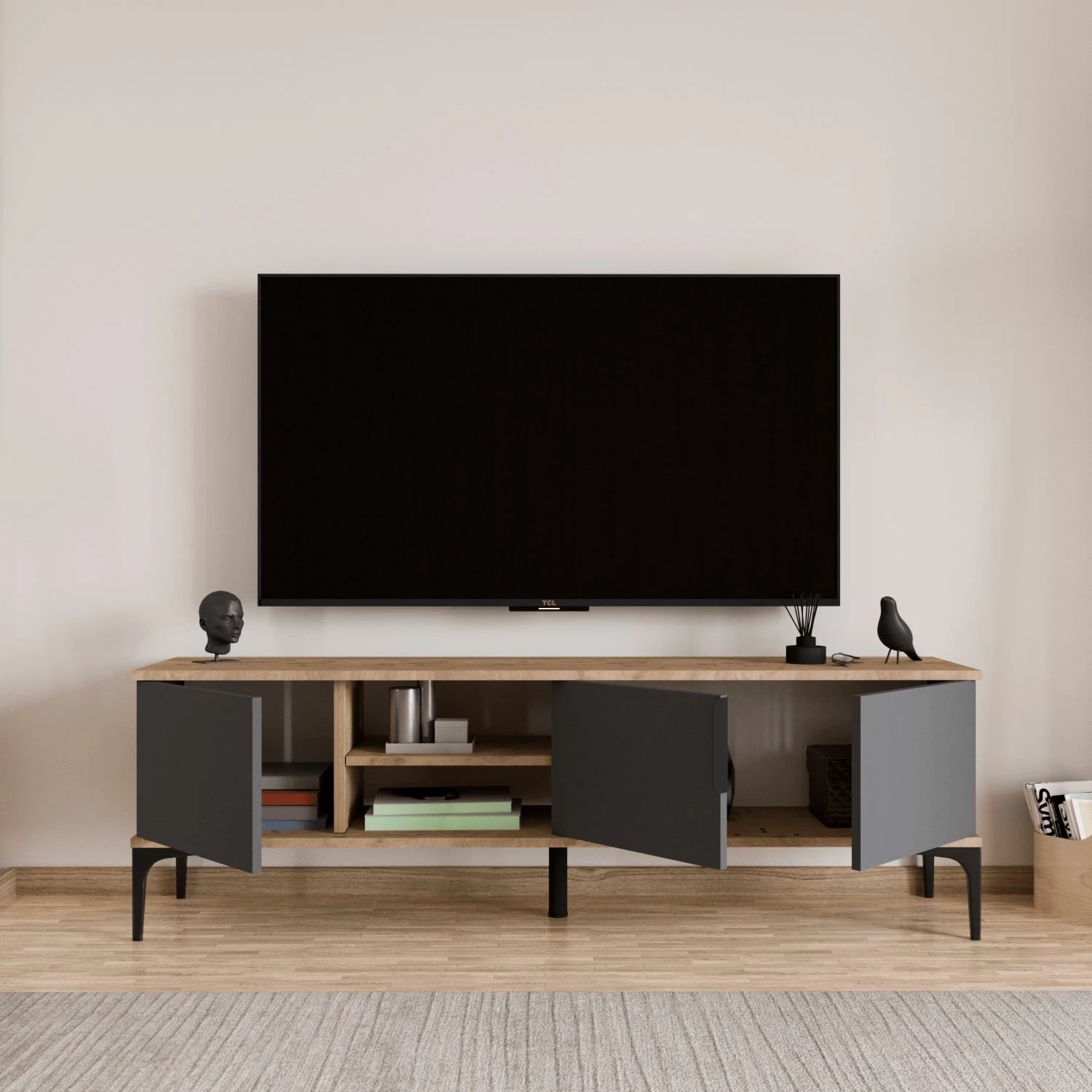 Komodë TV Skye Decor, ngjyrë lisi dhe antracit