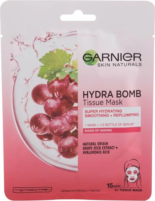 Maskë për fytyrë Garnier Skin Naturals Hydra Bomb për femra, ekstrakt i farës së rrushit, 1 copë