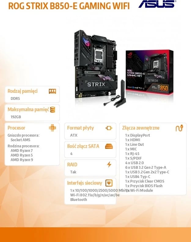Pllakë amë Asus ROG STRIX B850-E GAMING WIFI, Socket AM5, ATX, e zezë