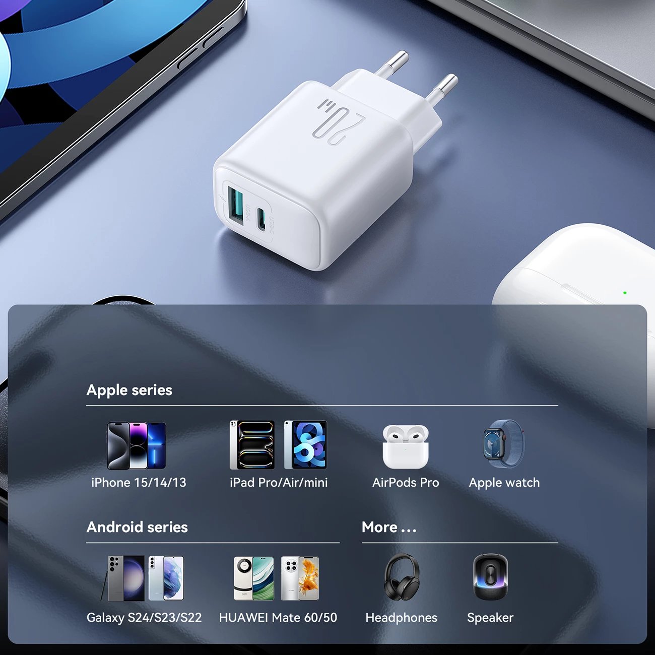Karikues muri Joyroom JR-TCF21 20W PD/QC 3.0 2 porta USB-C/USB-A prizë UK i bardhë