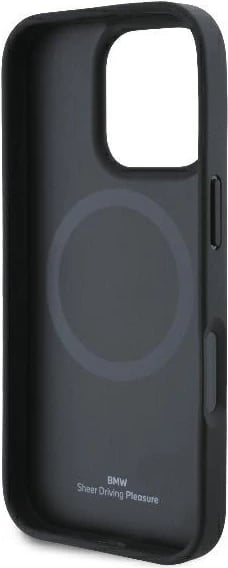 Mbështjellës BMW Signature Leather Half Textured & Circle MagSafe për iPhone 16 Pro, i zi