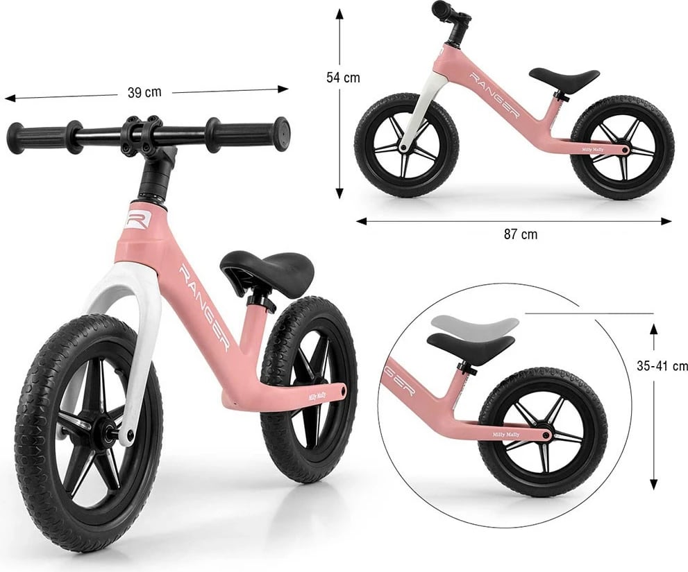 Biçikletë pa pedale për fëmijë, Milly Mally Ranger Flash, 12\" EVA, kornizë kompozite, rrota me LED, peshë 2.8 kg, rozë