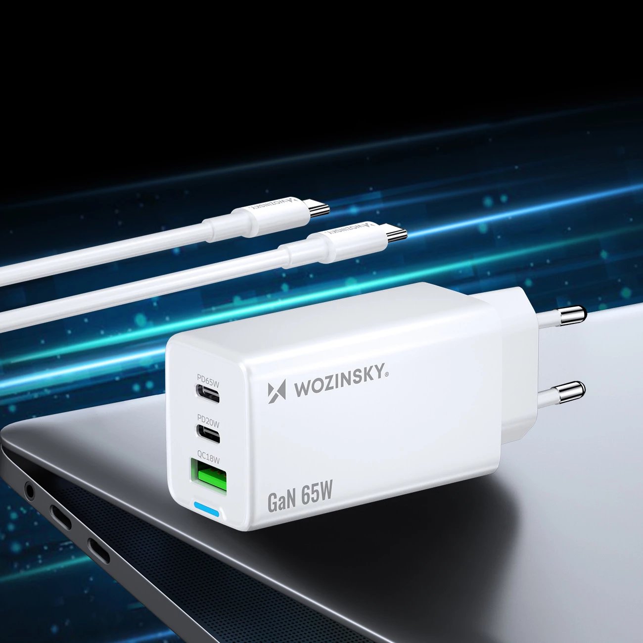 Karikues muri GaN 65W, Wozinsky WDCCBC, 2x USB-C + USB-A, PD/QC, prizë EU, me kabllo USB-C 65W 1m, i bardhë