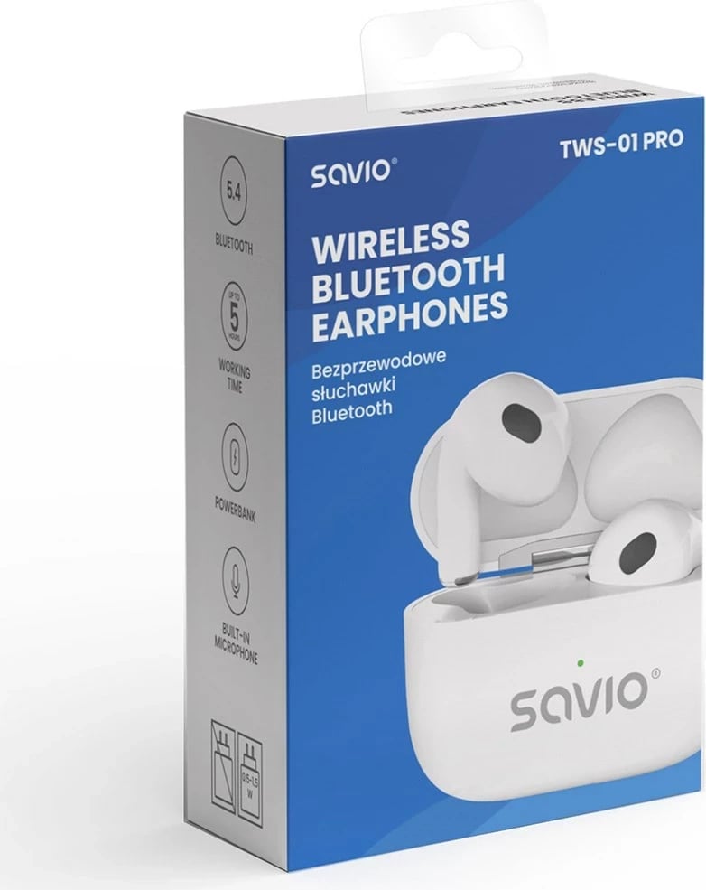 Kufje SAVIO TWS-01 PRO, wireless, earbuds, të bardha
