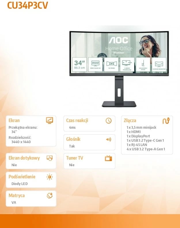 Monitor AOC CU34P3CV, 34", VA, WQHD, 100Hz, i lakuar, i zi