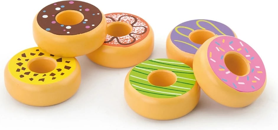 Lodër druri, Viga, donut prej druri, diametër 60 mm, për 18+ muaj, shumëngjyrësh, set 6 copë