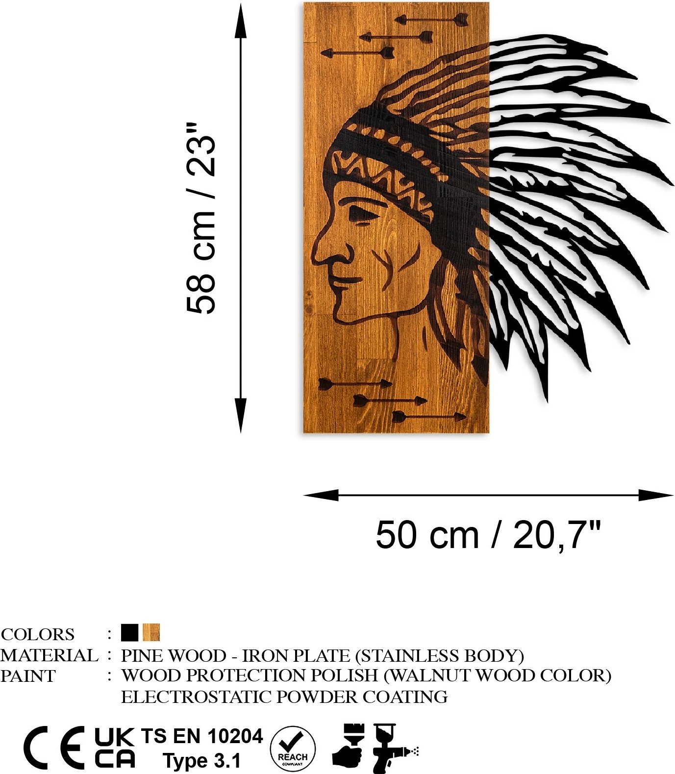 Aksesor dekorativ prej druri për mur, Wallity Apachi, ngjyrë arre dhe e zezë