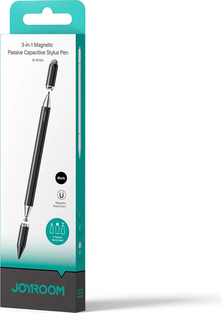 Stilus kapacitiv pasiv 3-në-1, Joyroom, JR-BP561, majë disk + majë gome + laps me bojë, trup alumini, magnetik, për pajisje me ekran prekje, e zezë