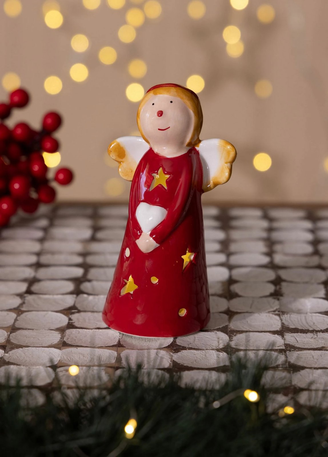 Objekt dekorativ prej qeramike, ngjyrë e kuqe dhe e bardhë, me dritë LED, Evila Originals, SUS0163, 7x5x10cm