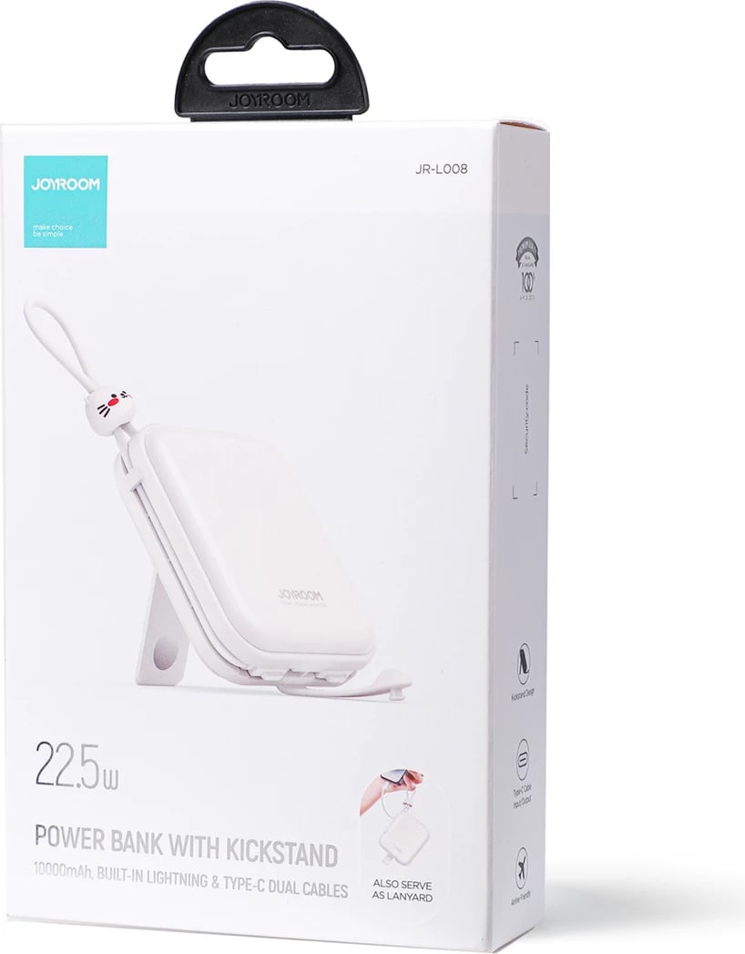 Powerbank Joyroom Cutie Series JR-L008, 10000mAh, 22.5W, me kabllo USB-C dhe Lightning, me stand, Bardhë