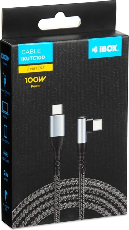 Kabëll USB-C iBOX IKUTC 100W 2m, i zi